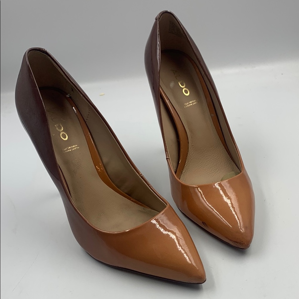 Aldo Brown Patent Leather Heels Stiletto Pointed Toe